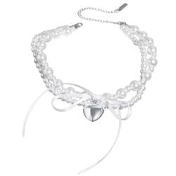 PLCPDM Elegante doppellagige Perlenkette mit Herz-Anhänger, Schleife, Schlüsselbeinkette, verstellbare Länge, Choker für Frauen, Wie abgebildet von PLCPDM