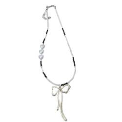 PLCPDM Modische Perlenkette, Choker, eleganter Metall-Schleifenanhänger, Halskette, einfache Schlüsselbeinkette, modischer Halsschmuck, Wie abgebildet von PLCPDM