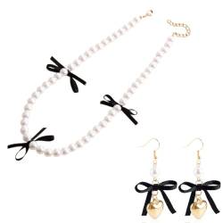 PLCPDM Schwarzes Bowknot Halskette und Ohrringe Set Schicke Halskette Einzigartige Bowknot Ohrringe Perlen Halskette Geeignet für jeden Anlass, Wie abgebildet von PLCPDM