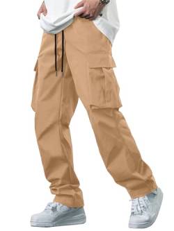 PLEPAN Cargohose für Herren, legere Wanderhose, Jogginghose, leicht, Kordelzug, Arbeitshose mit 4 Taschen, Khaki, XXL von PLEPAN