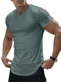 PLEPAN Henley Shirts für Herren Kurzarm Herren Muskel-T-Shirts Casua V-Ausschnitt Slim Tee Shirts, Grau, Blau, L von PLEPAN