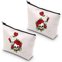 PLITI Totenkopf-Make-up-Tasche mit Totenkopf-Motiv, Blume, Kulturbeutel, Make-up-Tasche, Totenkopf-Hand, Skelett, Knochenzubehör, Geschenk, Totenkopf Rose Floweru von PLITI