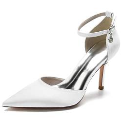 Damen Brautschuhe Frauen Hochzeit Brautschuhe Stiletto Spitz Toe Satin 8,5cm Braut Hochzeitsschuhe für Hochzeit Party/Abend,Weiß,38 EU von PLMK