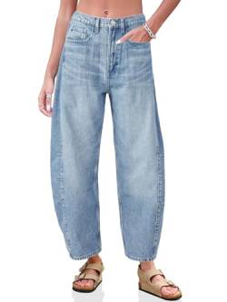 PLNOTME Damen Baggy Barrel Jeans Cropped Loose Boyfriend Wide Leg Mid Rise Ankle Denim Hose mit Taschen, Hell, blau, 38 von PLNOTME