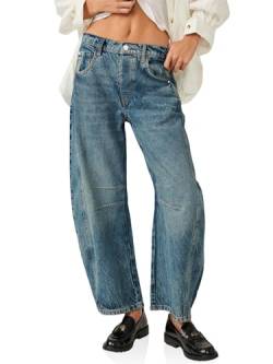 PLNOTME Damen Baggy Boyfriend Jeans Vintage Wide Leg Mid Rise Barrel Denim Ankle Pants, Blau/Grün, 36 von PLNOTME