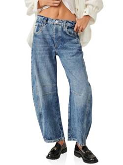PLNOTME Damen Baggy Boyfriend Jeans Vintage Wide Leg Mid Rise Barrel Denim Ankle Pants, Wash Blue, 38 von PLNOTME