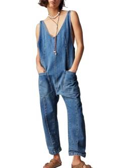 PLNOTME Damen Denim Overall Jumpsuits Ärmellos V-Ausschnitt Verstellbare Träger Jeans Lange Hosen Strampler, Marineblau, XX-Large von PLNOTME