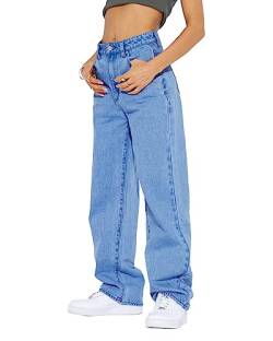 PLNOTME Damen High Waist Boyfriend Baggy Jeans Straight Leg Casual Denim Pants, Blau, 38 von PLNOTME