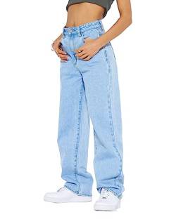 PLNOTME Damen High Waist Boyfriend Baggy Jeans Straight Leg Casual Denim Pants, Hell, blau, 40 von PLNOTME