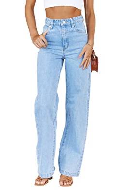 PLNOTME Damen-Jeans mit hoher Taille, gerades Bein, Boyfriend, lässige Denim-Hose, Hellblau (regulär, leicht), 38 von PLNOTME