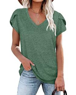 Damen Tops V-Ausschnitt Blütenblatt Ärmel T-Shirt Sommer Kausal Tunika (Grün,XXL) von PLOKNRD