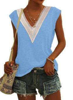 Kurzarmshirt für Damen Sommer T-Shirt mit V-Ausschnitt aus Spitze Klassische Einfarbige Oberseite Freizeit Damenbekleidung(Himmelblau,XXL) von PLOKNRD