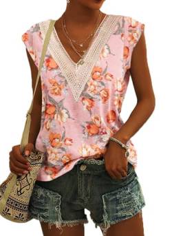Kurzarmshirt für Damen Sommer T-Shirt mit V-Ausschnitt aus Spitze Klassisches Blumentop Oberseite Freizeit Damenbekleidung(Rosa Tulip,XXL) von PLOKNRD