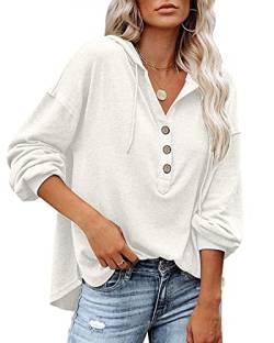 PLOKNRD Damen Oversized Sweatshirt Langarm Button Down Kapuzenpullover mit Kordelzug 48-50 （Cremeweiß,XL von PLOKNRD