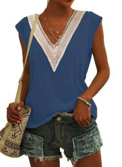 PLOKNRD Damen Sommer T-Shirt Freizeit Top mit V-Ausschnitt und Kurzen Ärmeln Elegant Strand Oberteile(Blau Navy,S) von PLOKNRD