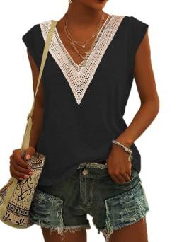 PLOKNRD Damen Sommer T-Shirt Freizeit Top mit V-Ausschnitt und Kurzen Ärmeln Elegant Strand Oberteile(Schwarz,S) von PLOKNRD