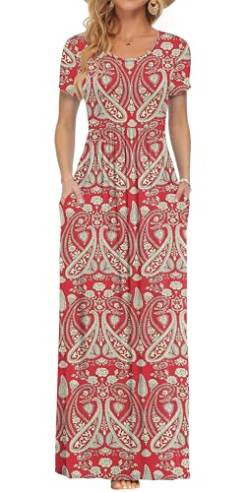 PLOKNRD Damen Sommerkleider Lang Maxikleid Elegant Freizeitkleid mit Taschen 2XL Boho Floral Red von PLOKNRD