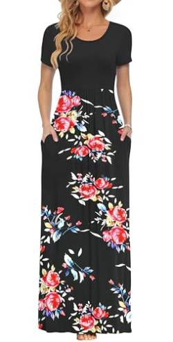 PLOKNRD Damen Sommerkleider Lang Maxikleid Elegant Freizeitkleid mit Taschen L Schwarze Rose Schwarz von PLOKNRD