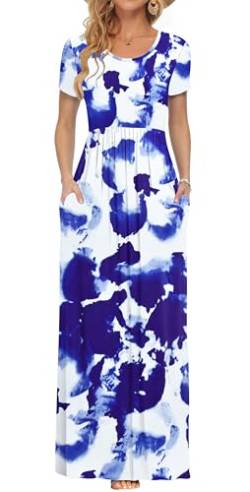 PLOKNRD Damen Sommerkleider Lang Maxikleid Elegant Freizeitkleid mit Taschen M Blaue weiße Blüten von PLOKNRD