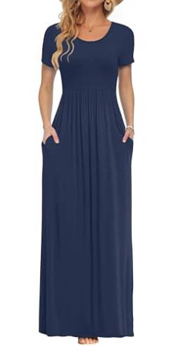 PLOKNRD Damen Sommerkleider Lang Maxikleid Elegant Freizeitkleid mit Taschen M Navy Blau von PLOKNRD