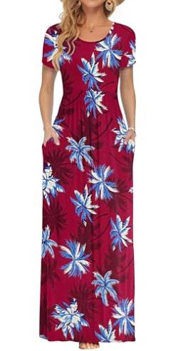 PLOKNRD Damen Sommerkleider Lang Maxikleid Elegant Freizeitkleid mit Taschen M Roter Kokosbaum von PLOKNRD