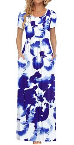 PLOKNRD Damen Sommerkleider Lang Maxikleid Elegant Freizeitkleid mit Taschen S Blaue weiße Blüten von PLOKNRD