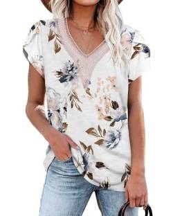 PLOKNRD Damen T-Shirt Elegant Spitze V-Ausschnitt Oberteile Blütenblatt Ärmel Kurzarm Bluse Sommer Locker Tops L Blumen Weiß von PLOKNRD