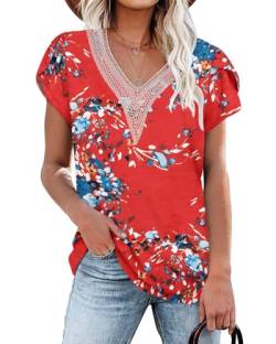 PLOKNRD Damen T-Shirt Elegant Spitze V-Ausschnitt Oberteile Blütenblatt Ärmel Kurzarm Bluse Sommer Locker Tops M Blumen Blau-Rot von PLOKNRD