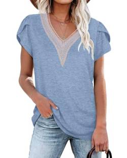 PLOKNRD Damen T-Shirt Elegant Spitze V-Ausschnitt Oberteile Blütenblatt Ärmel Kurzarm Bluse Sommer Locker Tops M Himmelblau von PLOKNRD