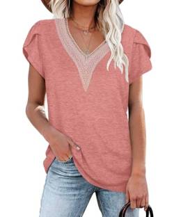 PLOKNRD Damen T-Shirt Elegant Spitze V-Ausschnitt Oberteile Blütenblatt Ärmel Kurzarm Bluse Sommer Locker Tops M Pink von PLOKNRD