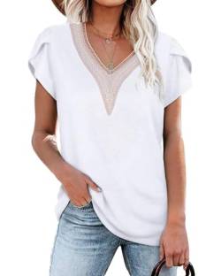 PLOKNRD Damen T-Shirt Elegant Spitze V-Ausschnitt Oberteile Blütenblatt Ärmel Kurzarm Bluse Sommer Locker Tops M Weiß von PLOKNRD