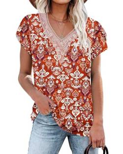 PLOKNRD Damen T-Shirt Elegant Spitze V-Ausschnitt Oberteile Blütenblatt Ärmel Kurzarm Bluse Sommer Locker Tops M Ziegelrote Totemblume von PLOKNRD