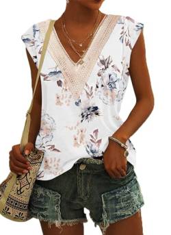 PLOKNRD Damen T-Shirts Sommer V-Ausschnitt Elegantes Abendparty Top Klassisches Kurzärmeliges Oberteile(Weiße Blüten,XL) von PLOKNRD