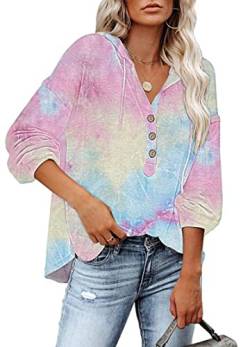 PLOKNRD Damen Tie Dye Oversized Sweatshirt Langarm Button Down Kapuzenpullover mit Kordelzug Large 44-46 von PLOKNRD