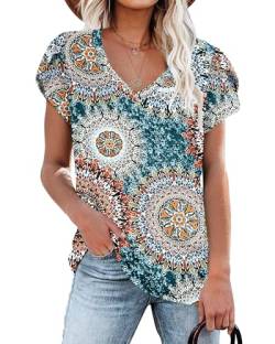 PLOKNRD Damen Tops V-Ausschnitt Blütenblatt Ärmel T-Shirt Sommer Böhmen Strand T-Shirt (Grün gedruckt,L) von PLOKNRD