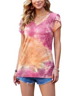 PLOKNRD Damen Tops V-Ausschnitt Blütenblatt Ärmel T-Shirt Sommer Kausal Tunika (Orange Rosa,L) von PLOKNRD