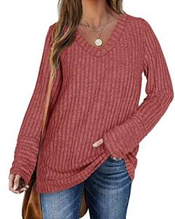 PLOKNRD Damens Pullover Casual Plain Langarm Oversized Sweater Lightweight Sweater(Rot，L von PLOKNRD