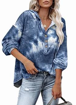 PLOKNRD Kapuzenpullover Damen Button Down Leichter Pullover für den Herbst Tie Dye Blau XL 48-50 von PLOKNRD