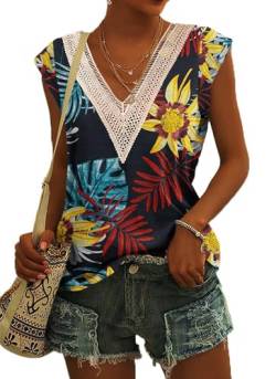 PLOKNRD Kurzärmeliges Damen Top mit V-Ausschnitt Elegantes Top mit Spitzenausschnitt Freizeit Sommer Strandkleidung(Blumen und Blätter,L) von PLOKNRD