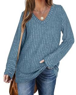PLOKNRD Pullover für Damen Herbst Langarm V-Ausschnitt Loose Herbst Sweatshirt (Blau，2XL von PLOKNRD