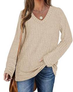PLOKNRD Pullover für Damen Langarm Pullover V-Ausschnitt Loose Sweater(Aprikose，XL von PLOKNRD