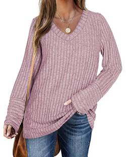 PLOKNRD Pullover für Damen Langarm Pullover V-Ausschnitt Loose Sweater(Rosa，XL von PLOKNRD