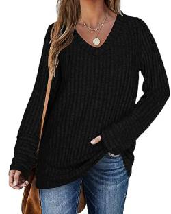 PLOKNRD Pullover für Damen Langarm Pullover V-Ausschnitt Loose Sweater(Schwarz，XL von PLOKNRD