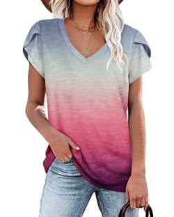 PLOKNRD T-Shirt für Damen Casual Sommer Tops Kurzarm Tuniken(Grau-Ombre-Rosa,L) von PLOKNRD