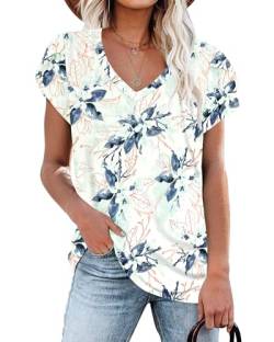 PLOKNRD T-Shirt für Damen V-Ausschnitt Casual Sommer Tops Elegant Blütenblatt Kurzarm (Weiße Grüne Blume,XL) von PLOKNRD