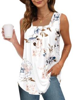 PLOKNRD Tank Top Damen Ärmellos Sommer Oberteile Quadratischen Halsausschnitt Blusen Tops Für Damen Mit Falten Elegant Lockere Shirt Weiß Blumen L von PLOKNRD