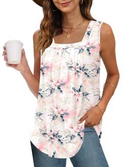 PLOKNRD Tank Top Damen Ärmellos Sommer Oberteile Quadratischen Halsausschnitt Blusen Tops Für Damen Mit Falten Elegant Lockere Shirt Weiß Rosa Blume S von PLOKNRD