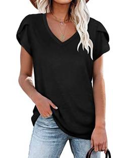 PLOKNRD Tops für Damen Sommer Kurzarm Tops V-Ausschnitt für Damen (Schwarz,S) von PLOKNRD