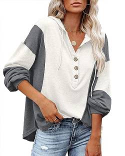 PLOKNRD Winter Oversized Pullover Damen Button Down V-Ausschnitt Sweatshirts 40-42 (Grau Block,M) von PLOKNRD