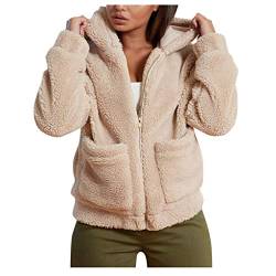 Plot Damen Fleecejacke Teddyfleece Einfarbig Casual Kapuzenjacke Winterjacke mit Kapuze Winter Warm Plüschjacke Faux Pelz Wintermantel Übergangsjacke Outwear Coat von PLOT-Damen Mantel